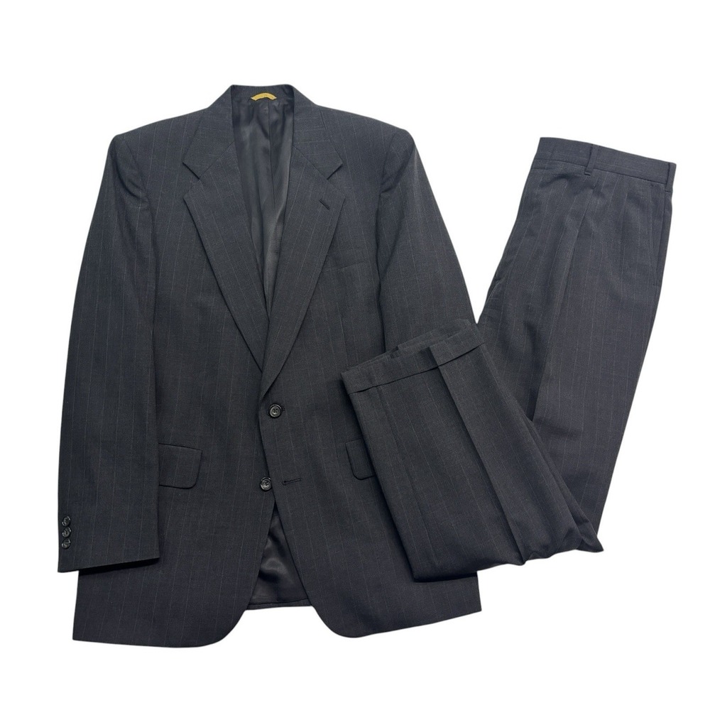 vtg 90s Sterling & Hunt 42L 36x31 Charcoal Stripe 2pc Pant Suit USA‎ 100% Wool